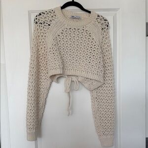 Zara Cream Open-Knit Cropped Sweater